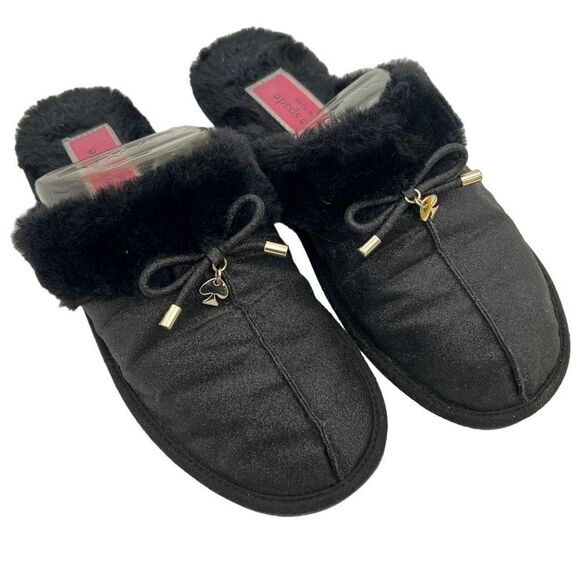 Kate Spade NY Lacey Faux Fur Black Slippers Lightweight Flat Designer Fuzzy - Picture 2 of 7